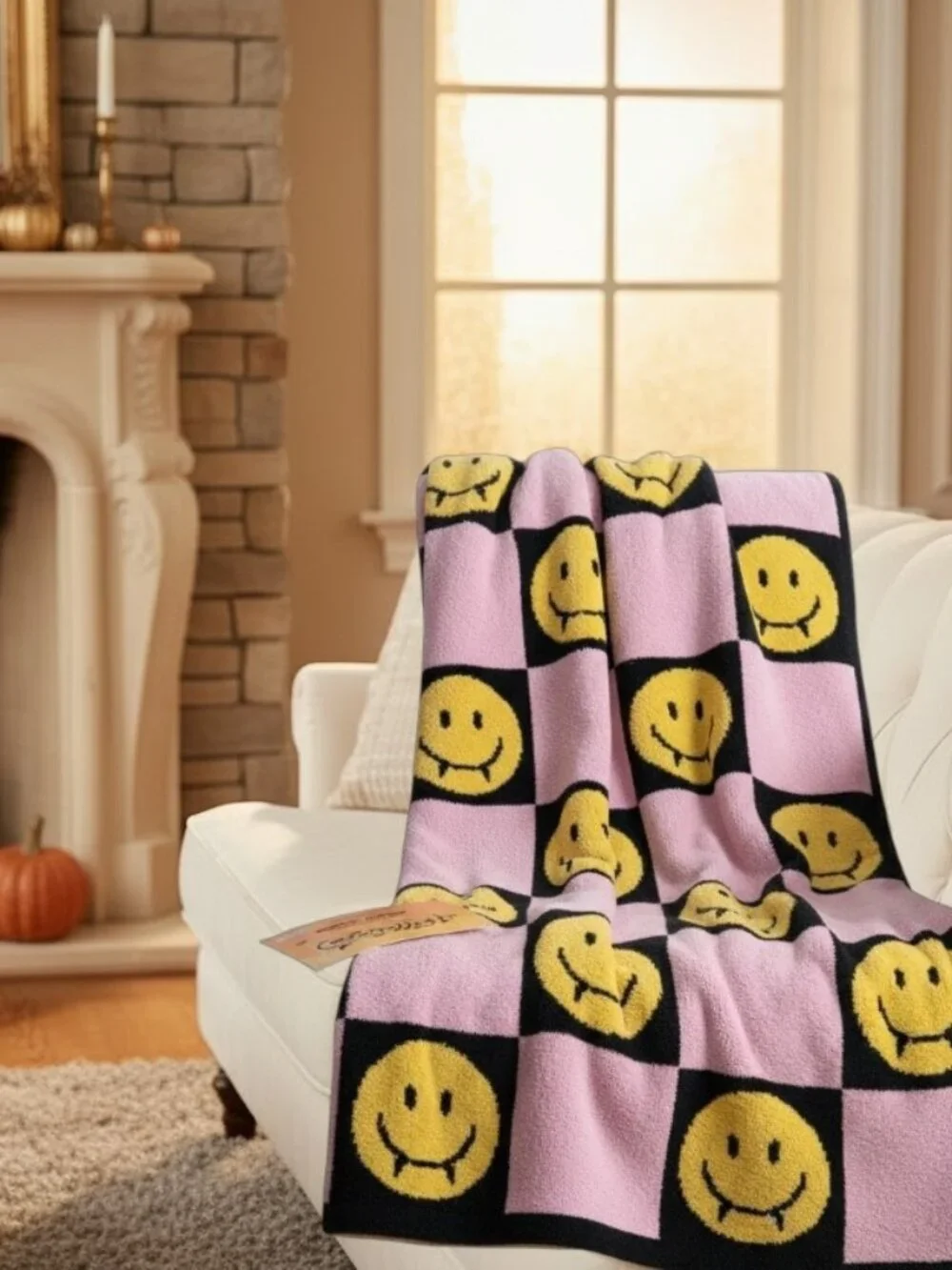 Halloween Vampire Smiley Face Knit Chenille Checkerboard Throw Blanket New